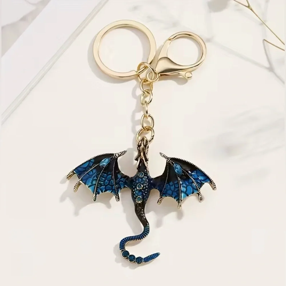 Dragon Bag Charm Keychain with Key Ring for Purse Handbag Blue Rhinestone New